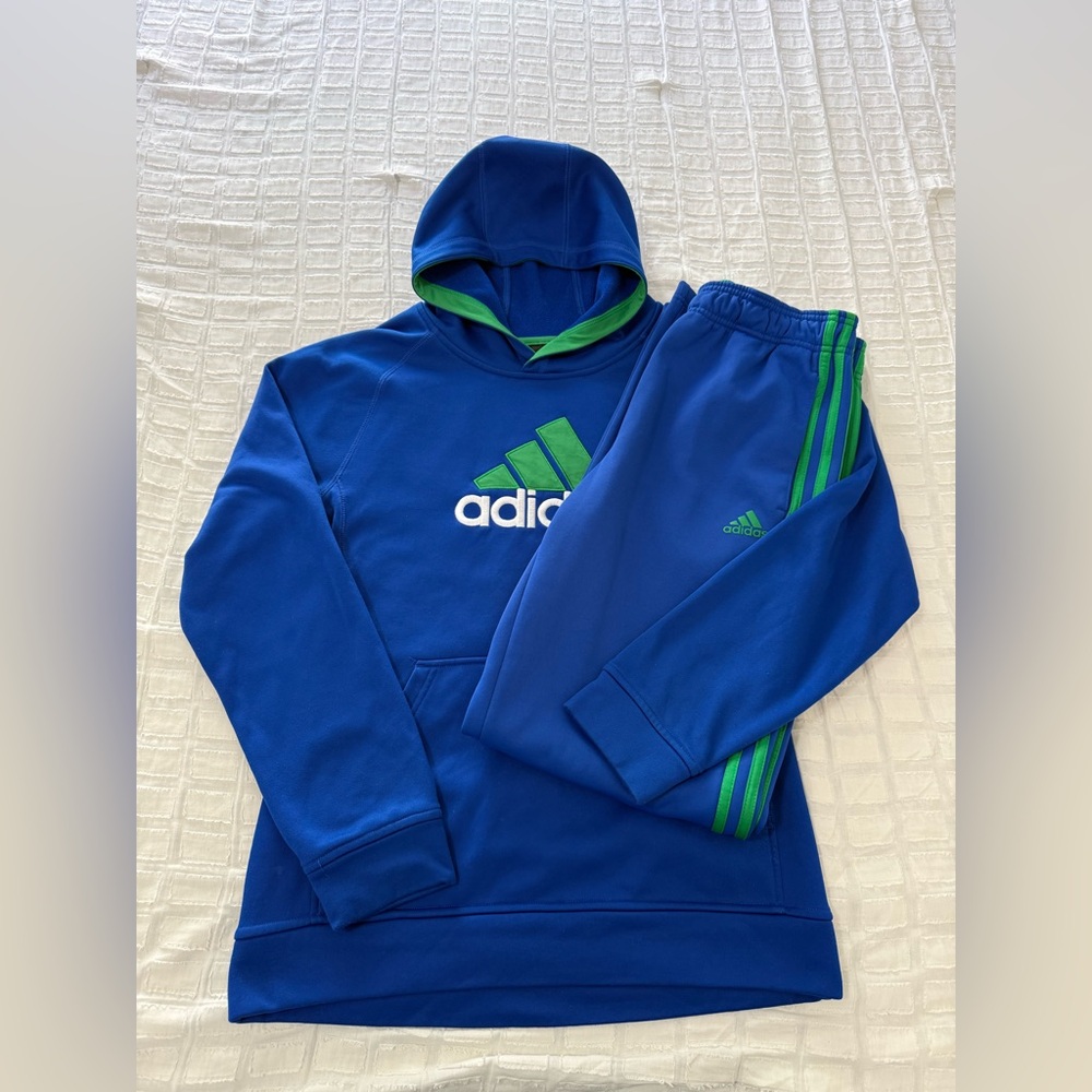 NWOT Adidas Climawarm tracksuit hoodie jacket pants blue green kids 18 XL